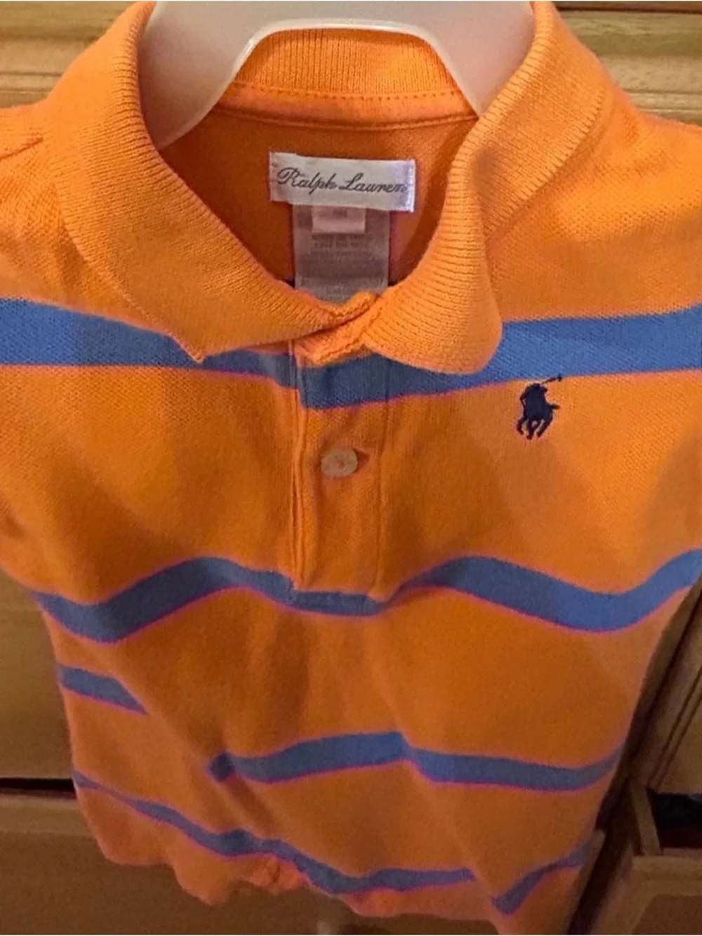 Ralph Lauren Boy’s Orange and Blue Mesh Polo Romper, Size 3 Months EUC